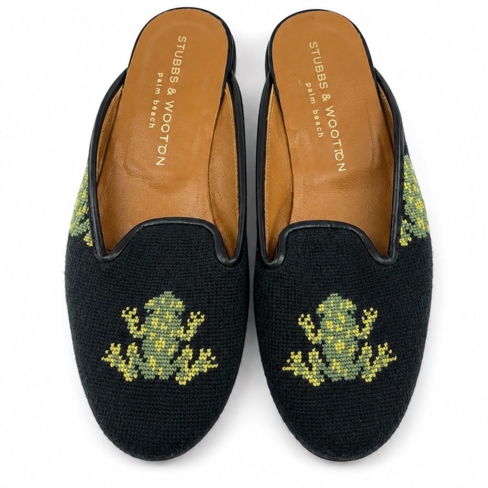 Stubbs & Wootton Frog Needlepoint Black Slip On Loafer Flat Mules Women Size 5.5